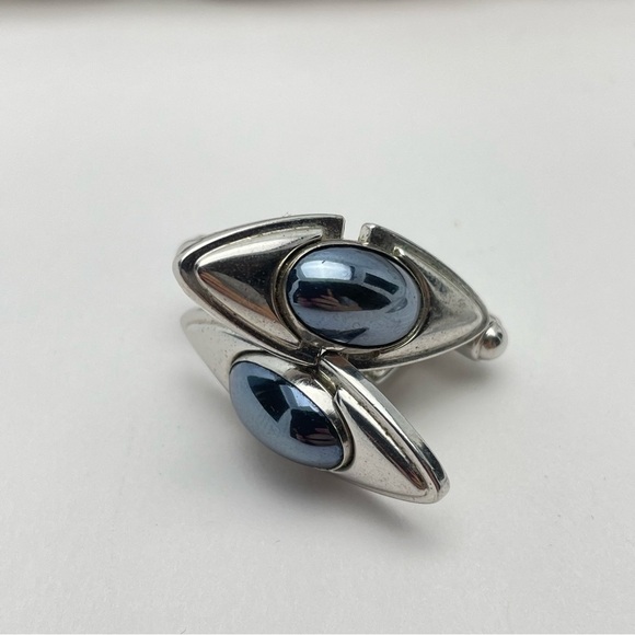VINTAGE Anson Cufflinks Blue Grey Cabochon Silver Tone Eye Shaped Chunky Signed - Picture 3 of 8